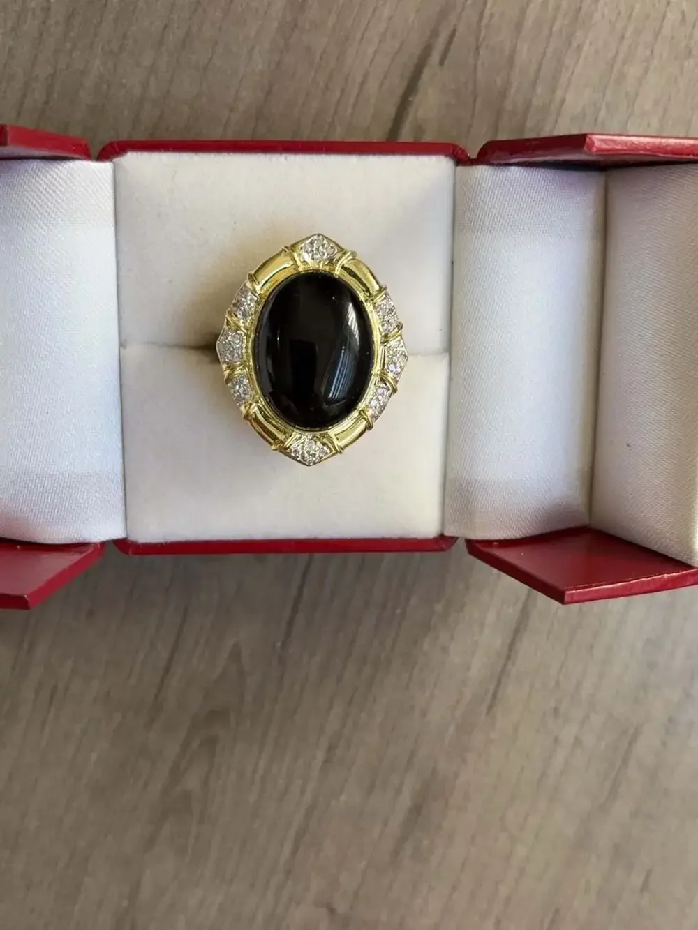 Vintage 14K Yellow Gold Oval Cabochon Black Onyx and Diamond Statement Cocktail